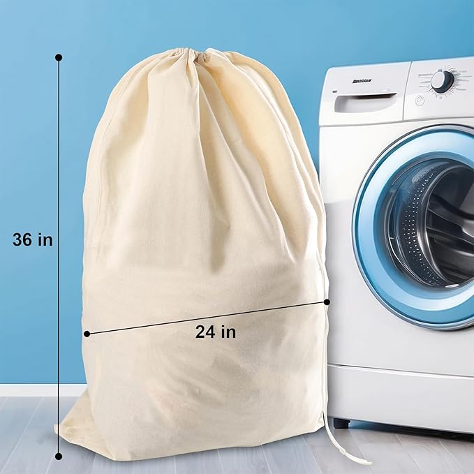 Vintage Vista 100% Cotton Laundry Bag with Drawstring Closure (Set of 4) - Reusable & Washable Travel Laundry Bags for Dirty Clothes - Canvas Drawstring Bags - Laundromat Bag Multipack (Natural Color)