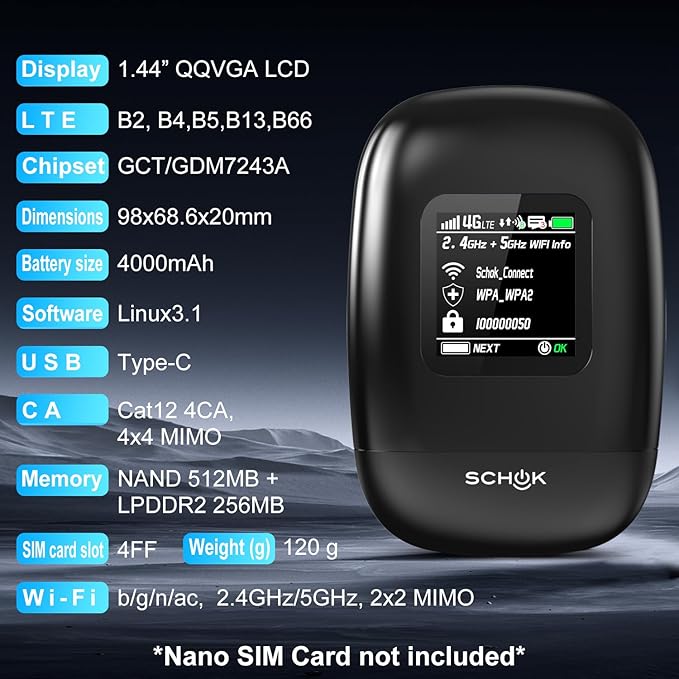 SCHOK 4G LTE Mobile Hotspot - Cat 12 Portable WiFi for Travel, Dual Bands (2.4GHz/5GHz), 600Mbps Download High Speed, Supports 16 Connected Devices, Compatible with Verizon & its MVNOs ONLY