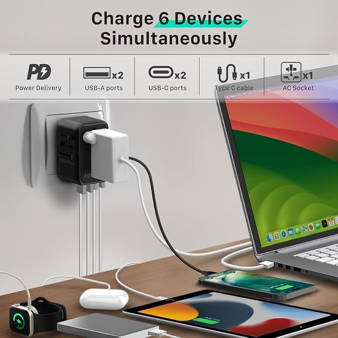 Fosmon Universal Travel Adapter Worldwide with Built-in USB C Cable, 35W GaN III/PD Fast Charging International Travel Plug Adapter, 6 in 1 Power Charger Outlet with 4 USB Ports for US to EU UK AUS