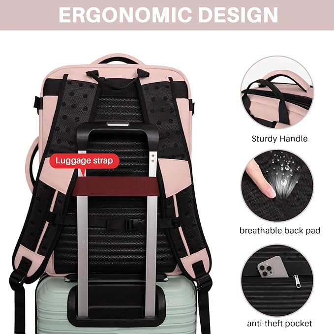 Travel Backpack Carry On Flight Approved, Lightweight Large Travel Backpack, Expandable with USB Charging Hole, Waterproof Causal Bookbag for Travel Work College Fits 17 inch Laptop, Pink