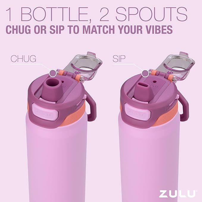 ZULU Powerfill Pro 24oz Stainless Steel Water Bottle with Quick Fill Lid, Triple Walled Vacuum Insulated Metal, Leak Proof Locking Lid, Sip and Chug, Reusable BPA Free, Sherbert