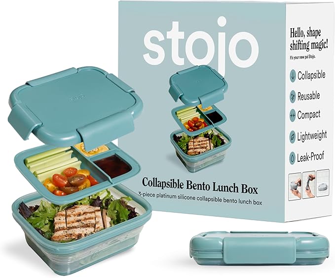 STOJO Collapsible Bento Box, Reusable, Leak-Proof, Microwave & Dishwasher Safe, Premium Lunch Container with Divider – Space-Saving, Transparent Design (Eucalyptus, 6-Cup/1.5L)