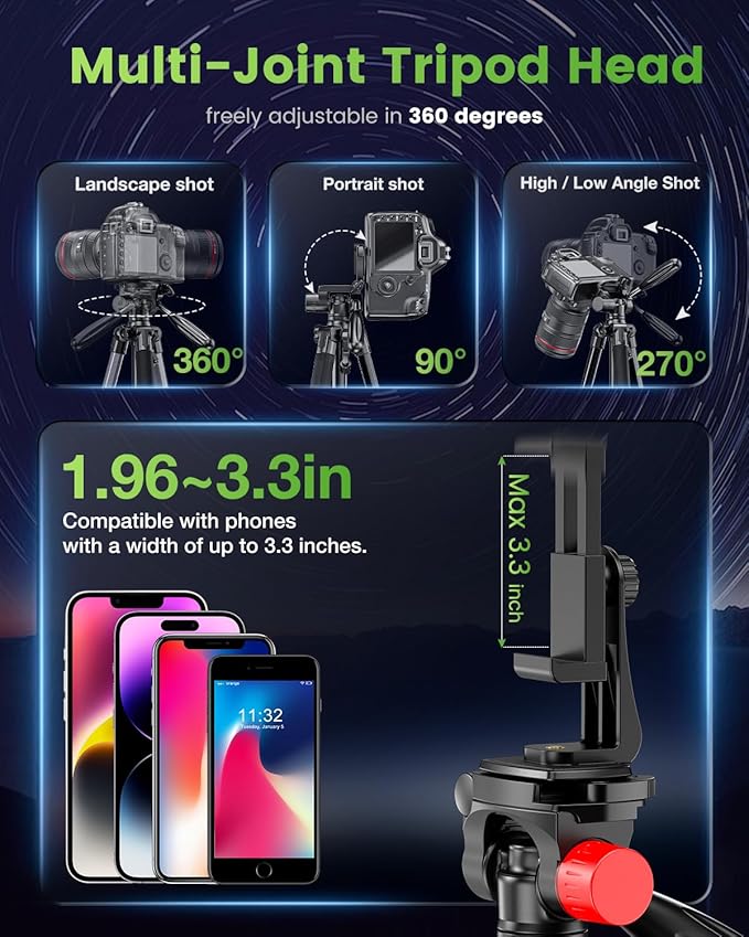 74"-Camera-Tripod, Porfessional Aluminum Heavy Duty Tripod Stand for Mirrorless Camera/DSLR/Cell Phone/Camcorder, with Holder and Travel Bag
