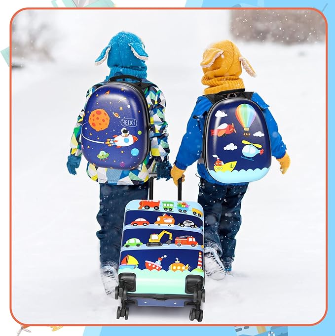 Weewooday Kids Luggage and Backpack 18" Suitcase with Spinner Wheel Hard Case Travel 13" Backpack Girl Suitcase Set for Kids Travel Supplies(Assorted Colors,Vehicle Style)