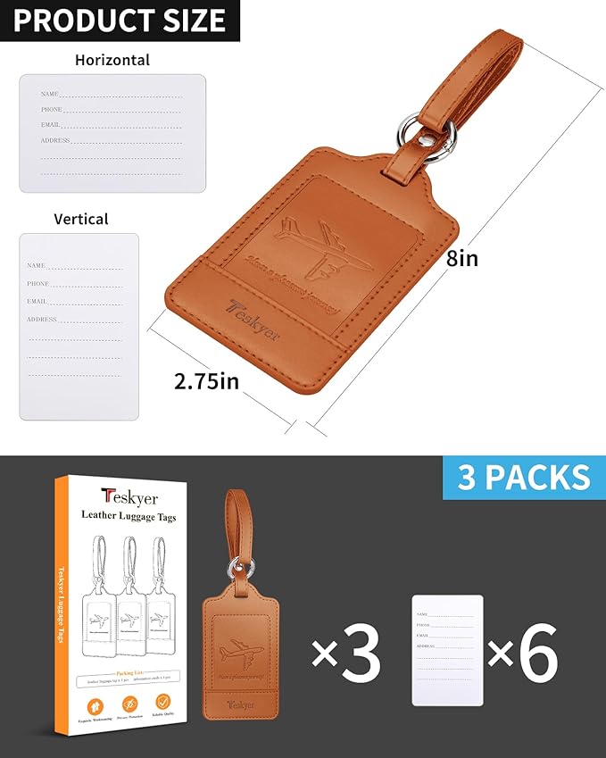 Teskyer Luggage Tags, 3 Pack Premium PU Leather Luggage Tags Privacy Protection Travel Bag Labels Suitcase Tags