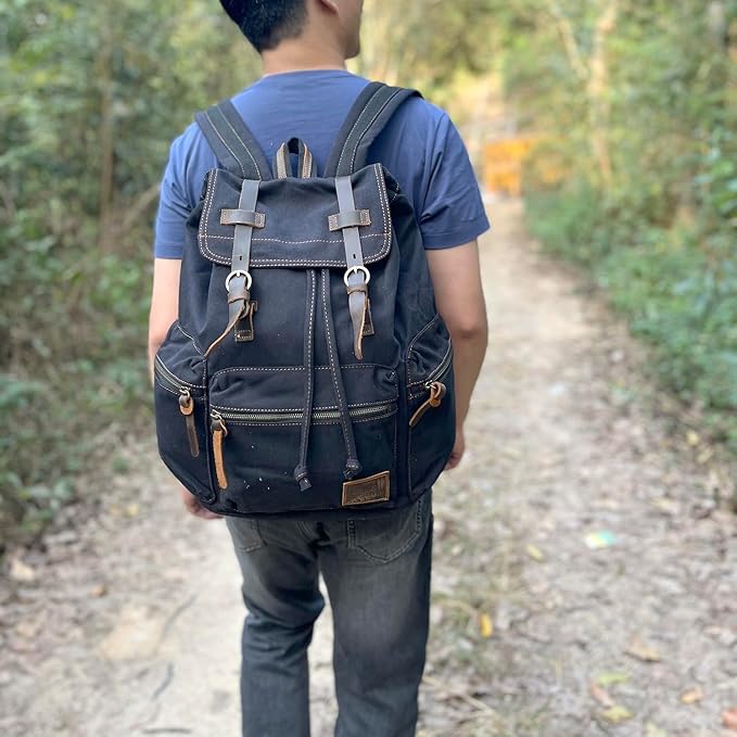 AUGUR High Capacity Canvas Vintage Backpack - for Hiking Travel 12-15" Laptop Backapcks for Men Casual Daypacks School bag Rucksack (M-Black)