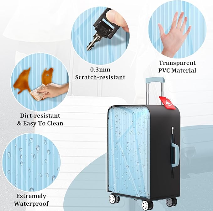 Upgraded Elastic Luggage Cover Protector - Stretchable Black Cloth + Clear TPU, Fit 26 Inch Wheeled Suitcase TSA Approved, Waterproof & Anti-Scratch, Includes Free Red Luggage Tag