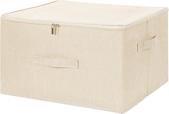 ANMINY 2PCS Storage Bins with Zipper Lids 36 Qt Lidded Fabric Storage Boxes Baskets Cubes with Handles Collapsible Washable Cotton Linen Closet Shelf Clothes Organizer Containers - Beige, Large