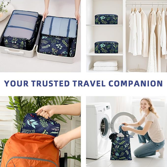 BAGAIL 8 Set Packing Cubes Luggage Packing Organizer Bags for Travel Accessories-Navy Leaf