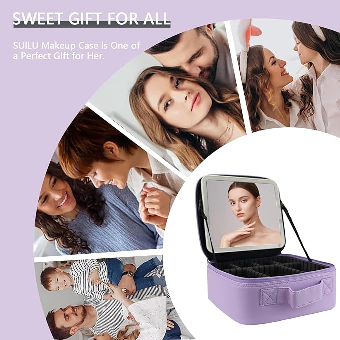 Makeup Bag with Led Mirror,Travel Makeup Organizer with 3 Color Setting, Portable Storage and Adjustable Dividers Travel Makeup Bag(Purple)