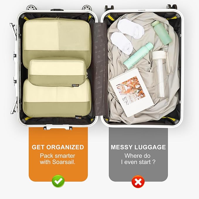 5 Set Compression Packing Cubes for Travel, Space Saving Luggage Organizer Bags (Bright Yellow)