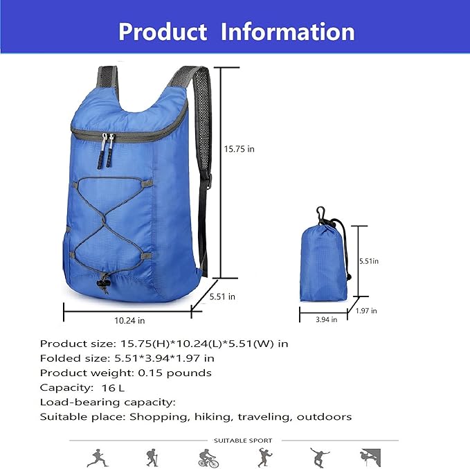 16L Hiking Daypack Lightweight Foldable Travel Backpack Water Repellent Camping Outdoor Packable Easy Carry-on Bag (Royal Blue)