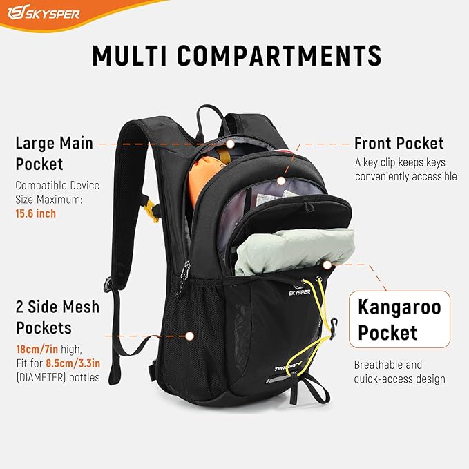 SKYSPER Hiking Backpack 15L Lightweight Walking Daypack for Camping Travelling Daytrip Small Trail Bagpack for Men Women