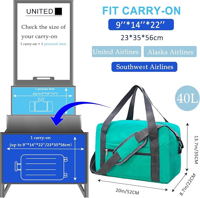 Foldable Carry on Luggage Bag 22x14x9 Personal Item Bag for Airplanes Travel Duffel Bag for Women and Men (40L, Teal)