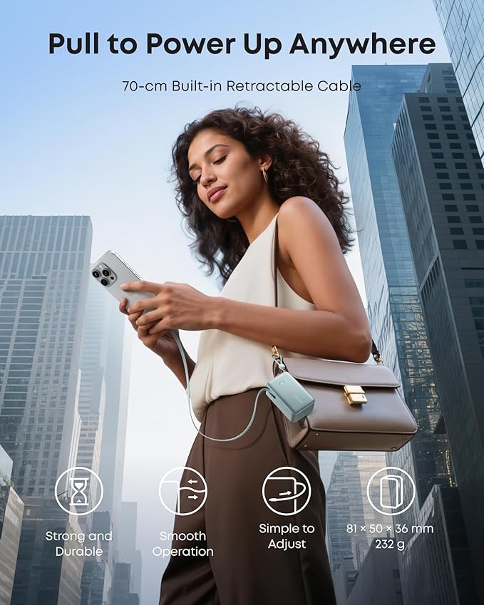 Anker Nano Power Bank, 10,000mAh Portable Charger with 2.3 ft InstaCord Retractable Cable, 45W Max Compact Battery Pack, Smart Display, for iPhone 16/17 Series, iPad, Galaxy, Pixel, and More
