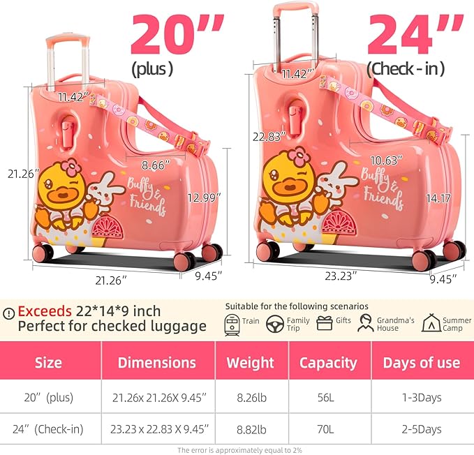 Kids' Lightweight Ride on Luggage with Spinner Wheels & Foldabe Design (Pink Rabbit, 24"+ Aged 3-12 Toddler)
