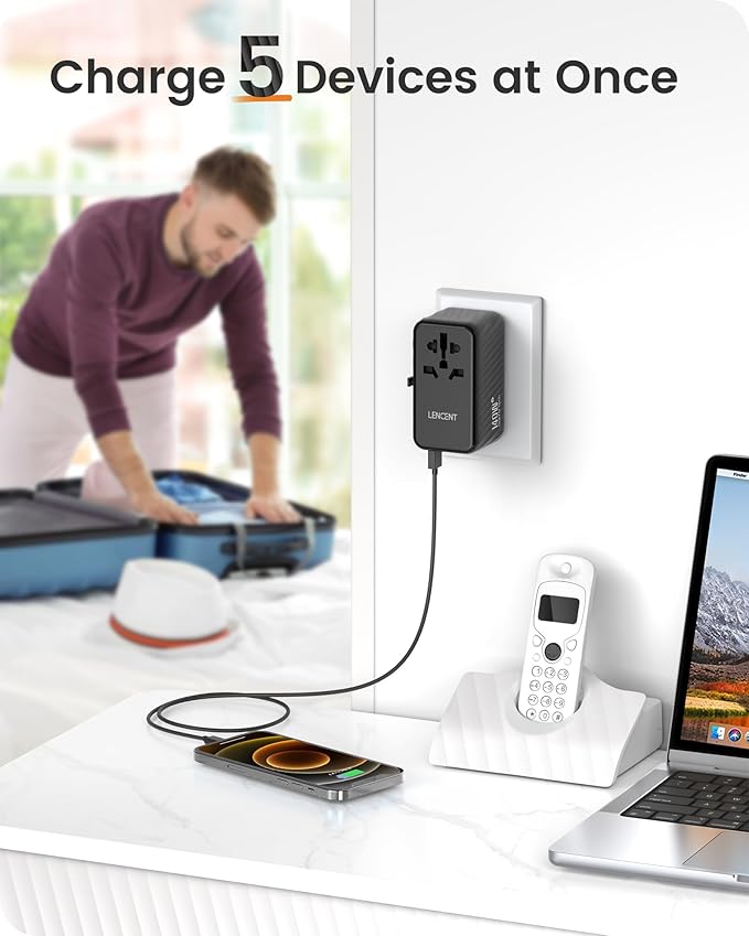 LENCENT 140W Universal Travel Adapter, International Plug Adaptor, GaN Fast Charger with 3 Type C+1 USB A, All in One Travel Essentials, Worldwide Outlet Converter for US to European EU UK AUS, Black