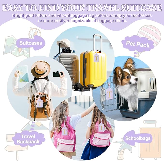 Personalized Initial Luggage Tags for Suitcase, Purple Leather Cute Luggage Tags with Privacy Cover Name Card, Embroidered Custom Monogrammed Luggage Tag Travel Backpack Tags Gifts for Women Kids(T)