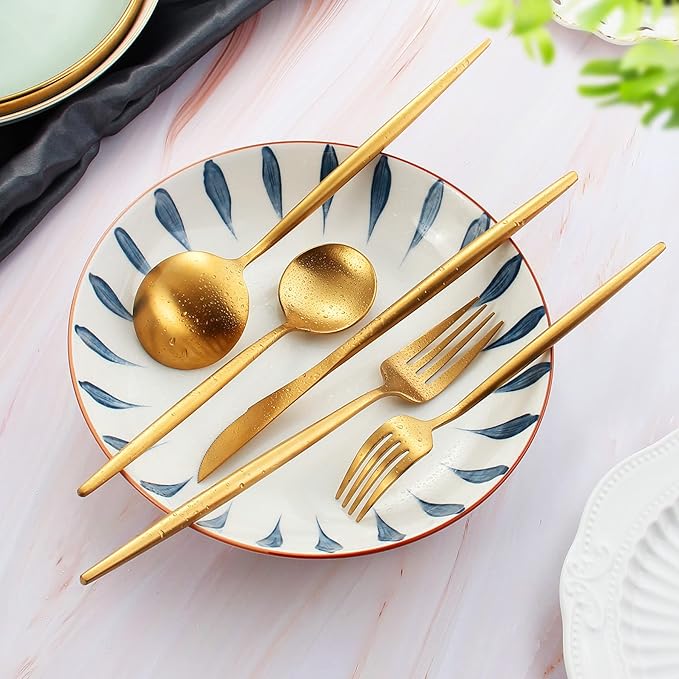 Matte Gold Silverware Set, IBIILII JEFF 40 Pieces Stainless Steel Flatware Set，Kitchen Utensil Set, Tableware Cutlery Set, Knife Spoons And Forks Set, Satin Finished Polished & Dishwasher Safe