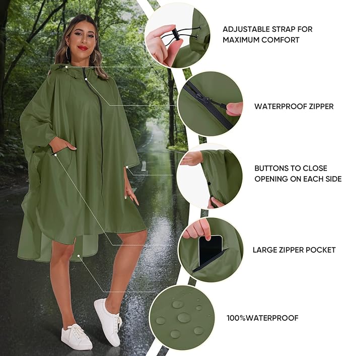 PTEROMY Hooded Rain Poncho for Adult with Pocket and Zipper, Waterproof Lightweight Raincoat for Men and Women