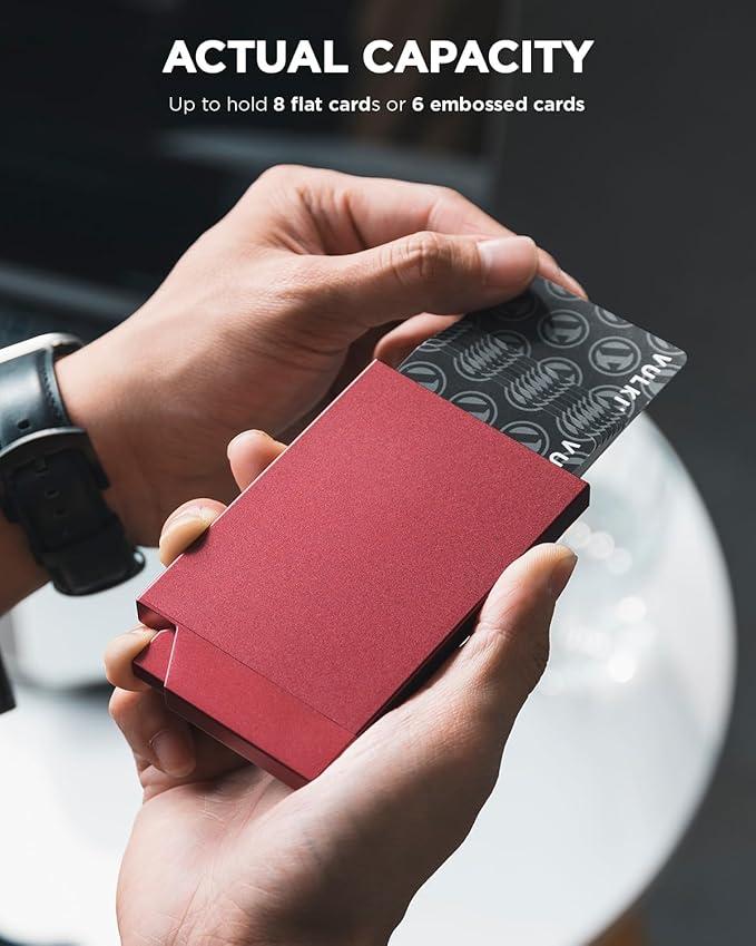 VULKIT Pop up Card Holder Minimalist Credit Card Holder RFID Blocking Slim Metal Card Case for Men or Women(Wine)