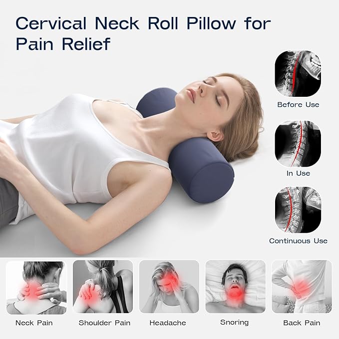 Neck Roll Pillow for Neck Pain Relief - Memory Foam Neck Support Pillow for Bed | Round Neck Pillow for Sleeping, 16 * 6.3 * 6.3inch ((Navy-Blue)