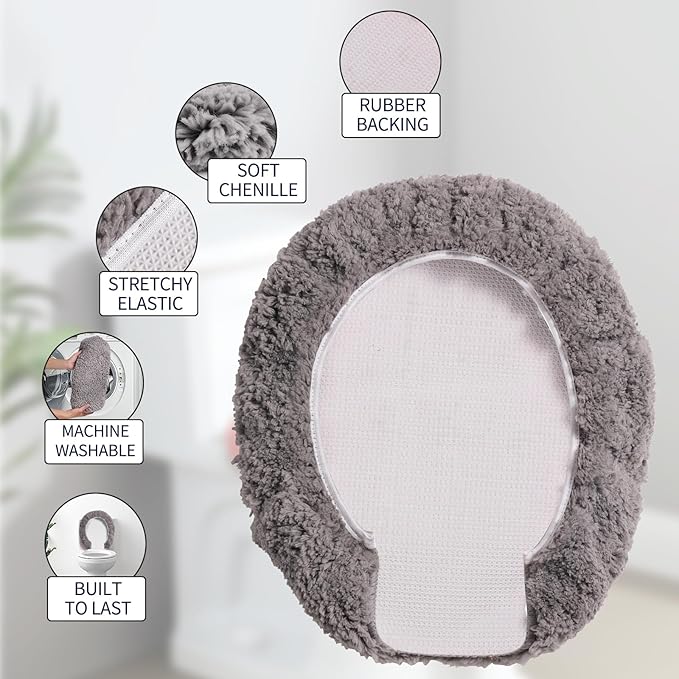 Microfiber Elongated Toilet Seat Cover 19.5"x 15" Machine Washable Solid Toilet Lid Cover Adjustable Rubber Backing Fits Most 18-19.5" L x 14-16" W Elongated Toilet Seat