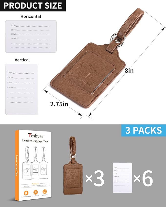 Teskyer Luggage Tags, 3 Pack Premium PU Leather Luggage Tags for Suitcases, Privacy Protection Travel Bag Tags, Lichee Coffee