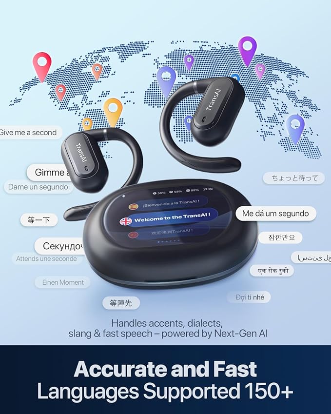 GO1 Real-time Phone Call Translaton Earbuds, 3-in-1 AI Translator Earbuds with Adjustable Earhook Open-Ear Translating Ear Bud Supports 150+ Languages for Video Calls, Business Visits