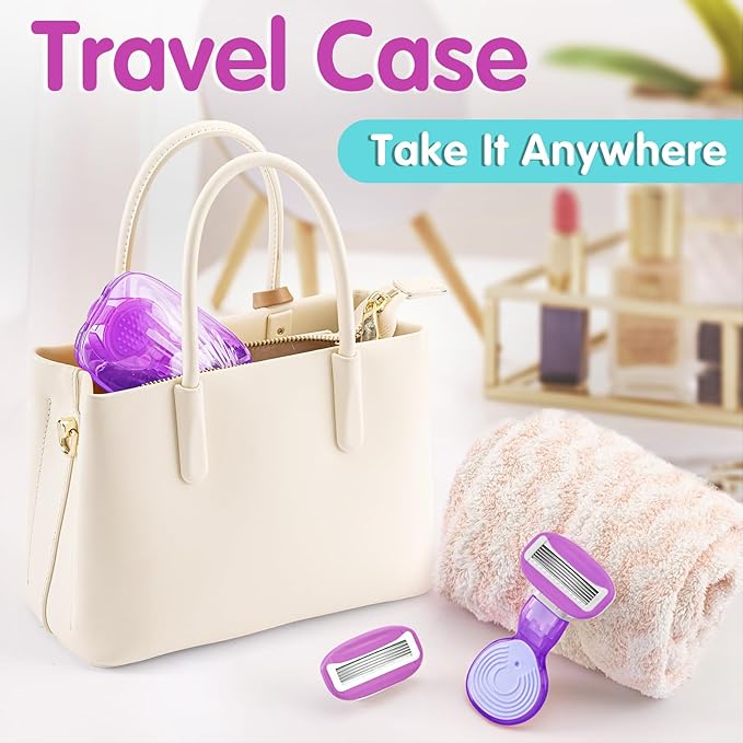 DreamGenius Travel Razors for Women Include 1 Handle and 5 Cartridges, Extra Smooth 5-Blade Travel Essentials Razor with Case for Shaving, Purple