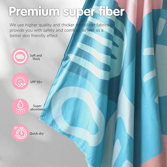 PY SUPER MODE Beach Hooded Towel Oversized - 60 x 40 inches Quick Dry Microfiber Beach Towels, Lightweight Soft and Absorbent Pool Towel Suitable for Bath Swimming Camping for Adults