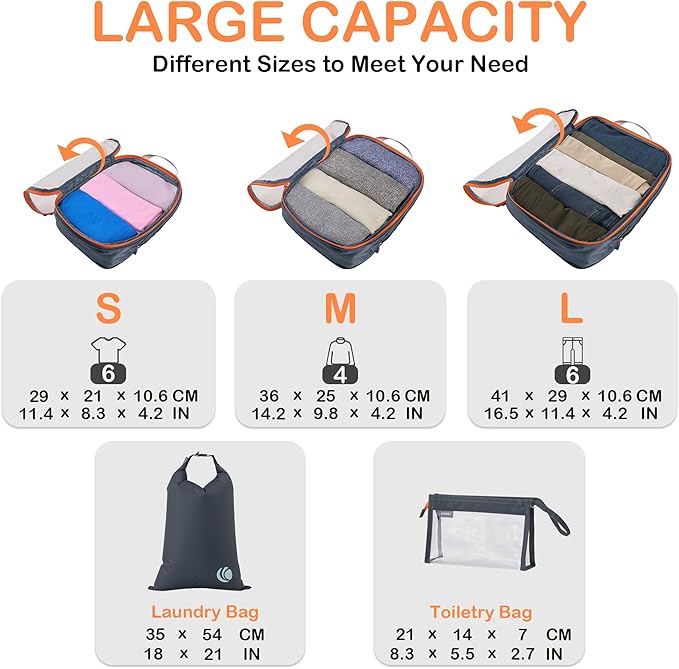Cipway Compression Packing Cubes, See Through Mesh Luggage Organizer Bags, Travel Essentials for Carry on Suitcase with Laundry Bag and Clear Toiletries Bag（6Pcs,Grey）