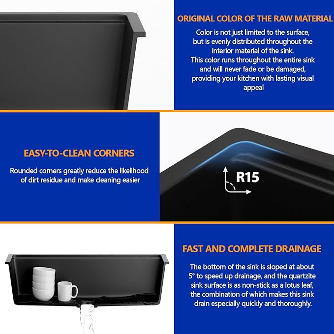 Dcolora 33 inches Granite Composite Kitchen Sink Workstation Black Undermount Single Bowl Large Kitchen Sink 33"W x 19"D x 10"H, DC-GU7743
