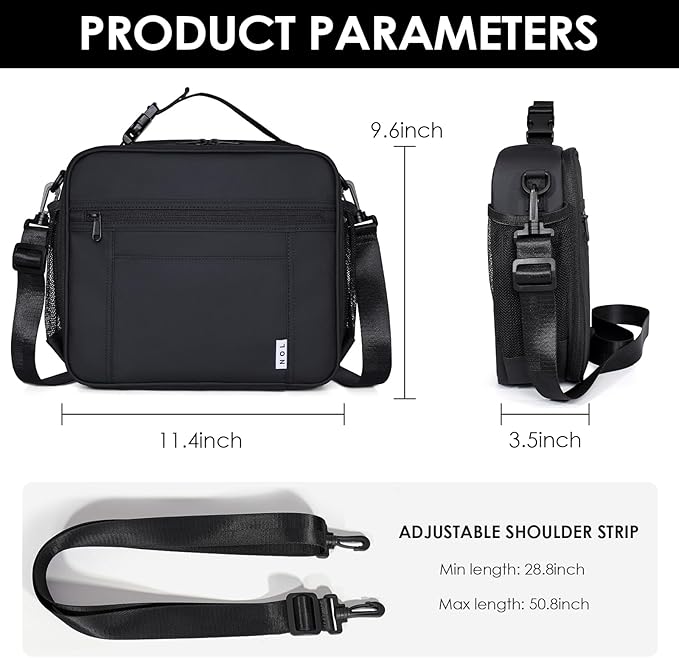 NOL Kids Lunch Bag - Kids 3+ Reusable Insulated Lunch Box with Zipper Closure Buckle Handle Adjustable Long Shoulder Strap, Easy-Clean Waterproof Fabric, Children Lunch Tote Bag for School-Black