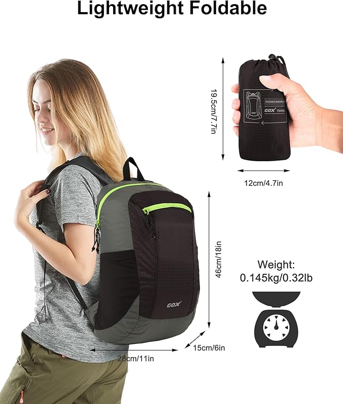 GOX Foldable 20l Backpack For Travel Lightweight Hiking Packable Daypack for Men Travel Camping Outdoor Bag Women (Black)