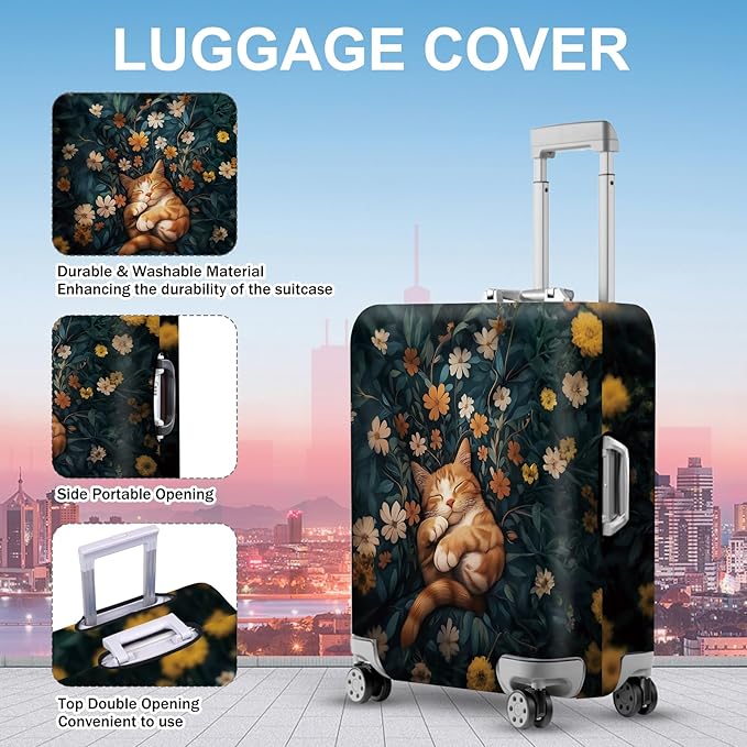 ANNA QUEEN Peaceful Cat Luggage Cover, Sleeping Cat with Floral Design, Stretchable, Washable Travel Sleeve for 32-34 Inch Luggage