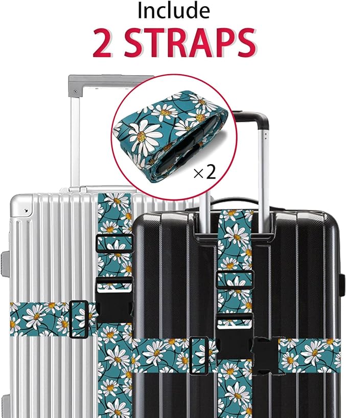 White Daisy Luggage Straps for Suitcases TSA Approved, Luggage Identifiers for Suitcase, Adjustable Suitcase Strap for Baggage Security with Cute Patten, Travel Necessary Accessories (2 Pack)