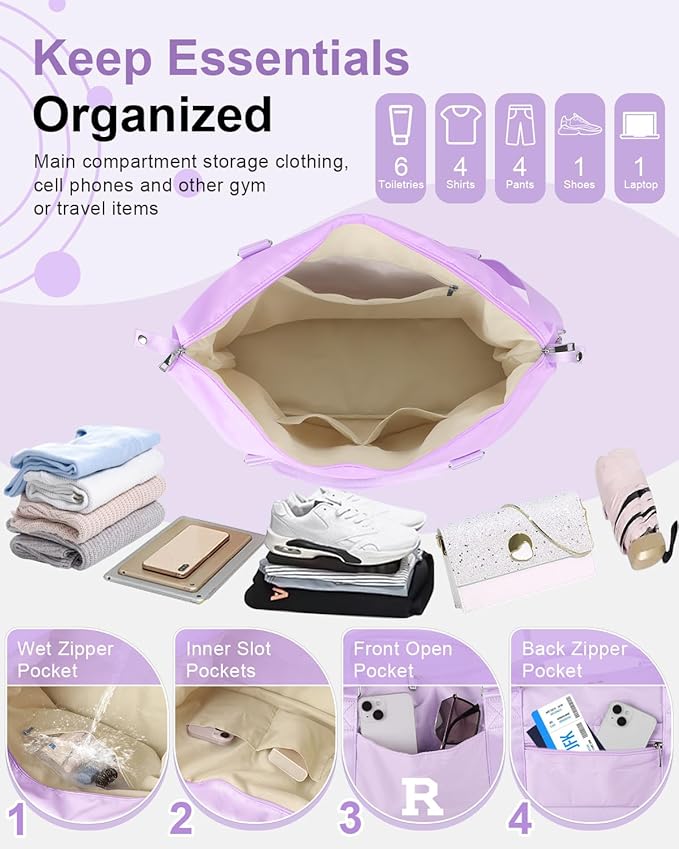Daughter Niece Gifts for Teen Girl Kids, Initial Travel Duffel Bag Sports Gym Bag Personalized Gifts Weekender Bag，Monogram Overnight Bag Cute Dance Bag Birthday Bridesmaid Gifts for Women(Purple, R)