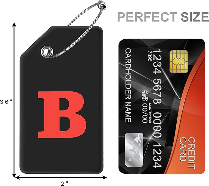 8 Pcs Luggage Tags for Suitcases, 26 Initial Letter Travel Luggage Baggage Identification Labels ID Tags Fully Bendable Tags with Stainless Steel Loop (Letter B, Black)