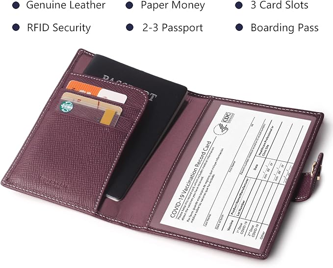 Genuine Leather Passport Case, RFID Passport Cover with Credit Card Holder for Women and Men Family ID Travel