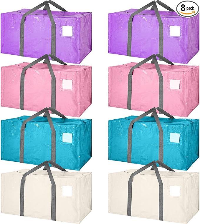 8 Pack Extra Large Moving Bags Heavy Duty Packing Bags with Extra Long Handles and Zippers Storage Totes for College Students Room Dorm Essentials Packing Supplies (Mixed Colors)