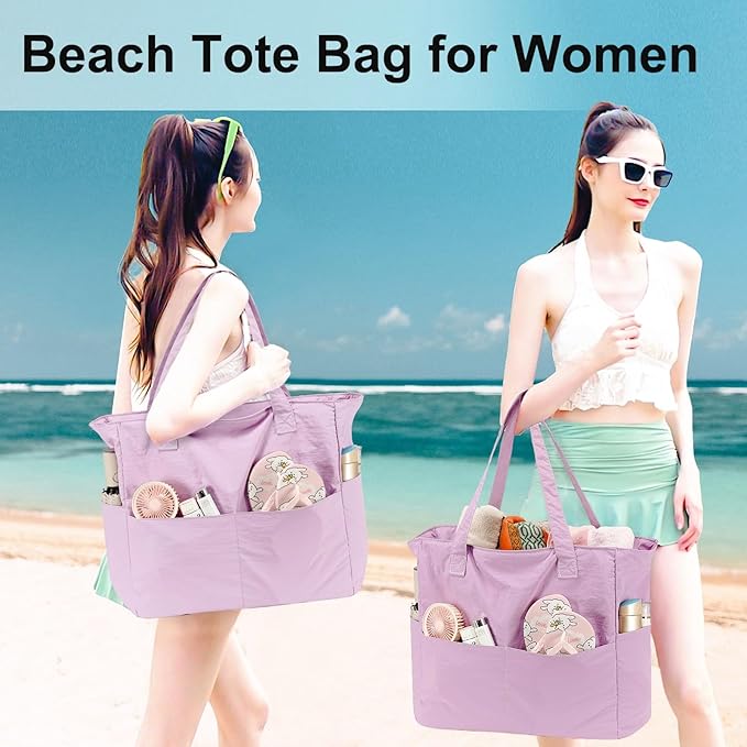 LEDAOU Beach Bag Waterproof Sandproof Women Tote Bag Pool Bag with Zipper for Gym Grocery Travel with Wet Pocket
