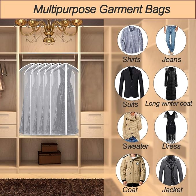Garment Bag Covers 24''X54'' Lightweight White PEVA Breathable Bags (Pack of 6) with Study Full Zipper for Closet Clothes Storag (24''X55'', White)