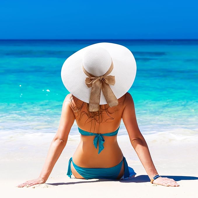 DRESHOW Beach Hats for Women Big Straw Wide Brim Summer Hat Floppy Foldable Roll up Cap Sun Hat UPF 50+