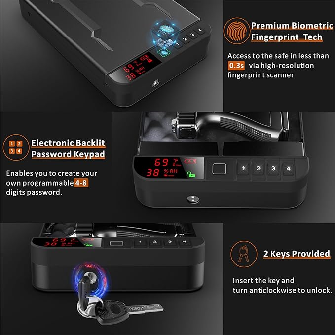 Portable Gun Pistol Safe with LCD Display of Temp,Humidity,Biometric Fingerprint,Keypad Lock,Key,Biometric Handgun Safe for Travel/Home/Car/Nightstand Beside (Black)
