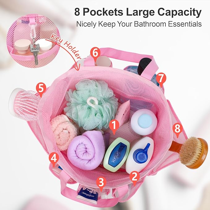 F-color Mesh Shower Caddy Portable with Drawstring - Upgrade Deeper 7 Pockets Dorm Room Essentials for Guys Girls with S Hook, Shower Bag Basket Tote for College Camping Bathroom, 2 Pack Pink