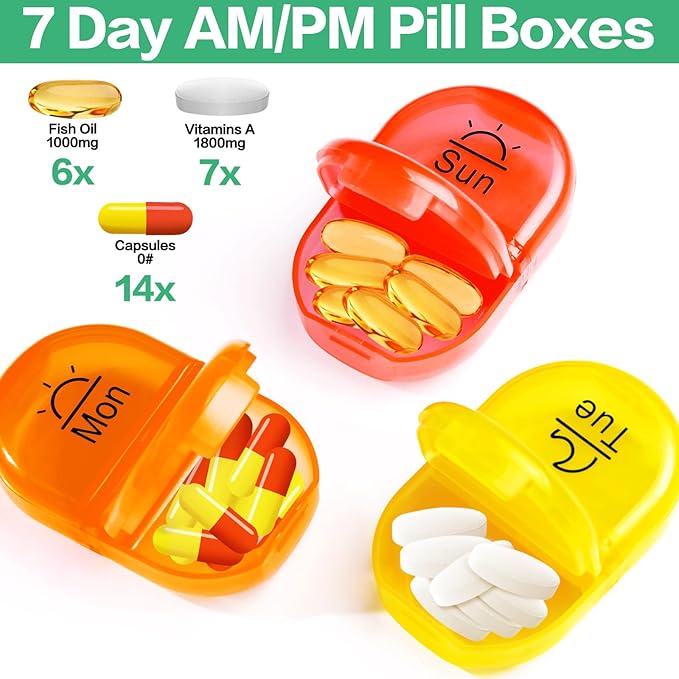 Serfeymi Weekly Travel Pill Organizer 2 Times A Day AM PM Upgraded Rainbow Pill Box 7 Day with Portable Zipper Canvas Pill Case, Medicine Organizer for Pills, Vitamins, Fish Oils - Green 01