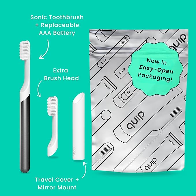 Quip Sonic Toothbrush for Adults with Timer - Includes Extra Brush Head and Travel Cover Mount - Electric, Soft Bristle Refill Head, Metal Handle, 3 Month Battery Life - Travel Toothbrush - Slate
