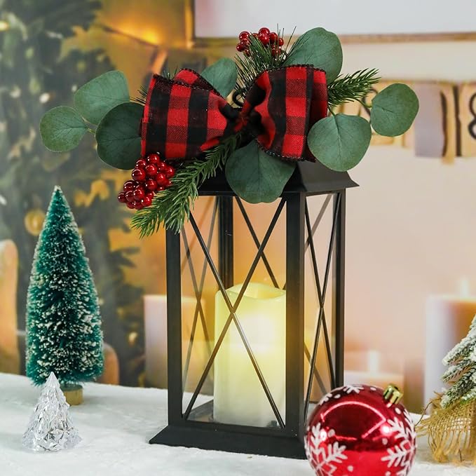 Christmas Outdoor Decor Lanterns 2 Pack, 11" Waterproof Battery Powered LED Hanging Lanterns with Flamessless Candle for Tabletop, Front Porch, Entrance, Indoor, Gift for Women
