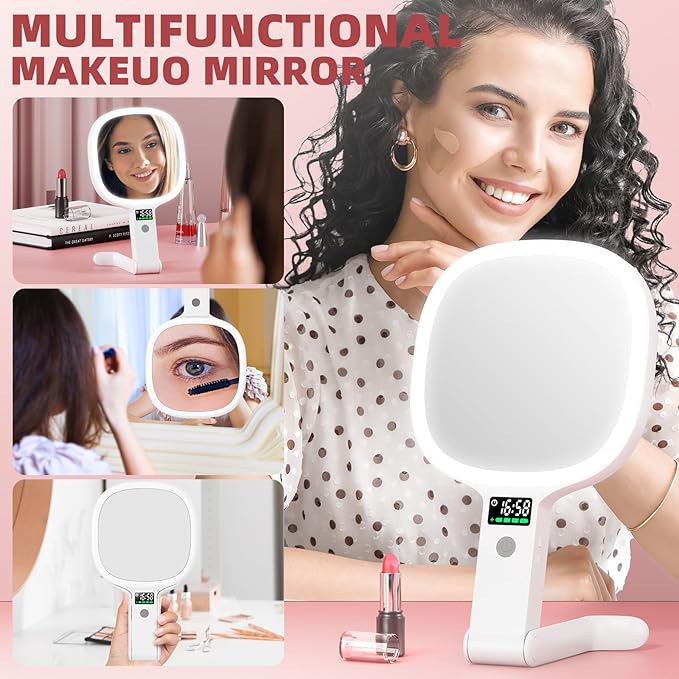 Alovely Travel Makeup Mirror with Light, Double Sided 10X Magnifying Mirror with Light, Rechargeable Portable Lighted Beauty Mirror, 3 Color Lighting Dimmable Touch Screen,Tabletop Handhold Hanging